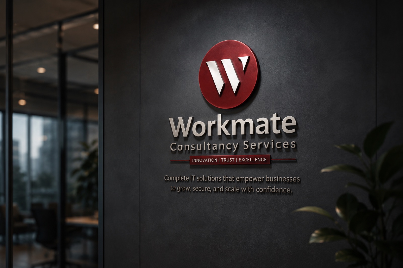 Workmate Consultancy Services office signage — Innovation, Trust, Excellence