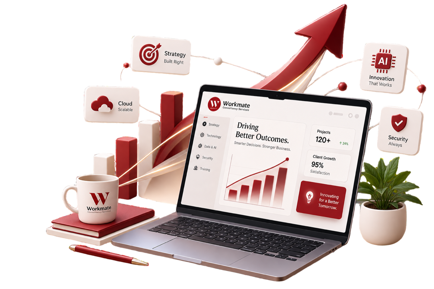 Workmate dashboard mockup showing project and client growth metrics